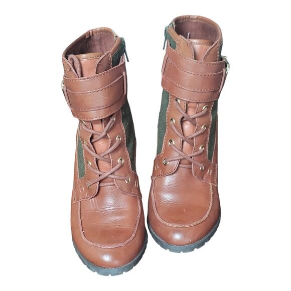 Antonio Melani Garnett Brown Green Leather Lace Up Buckle Zip Heel Boots US 7.5M - Picture 10 of 10